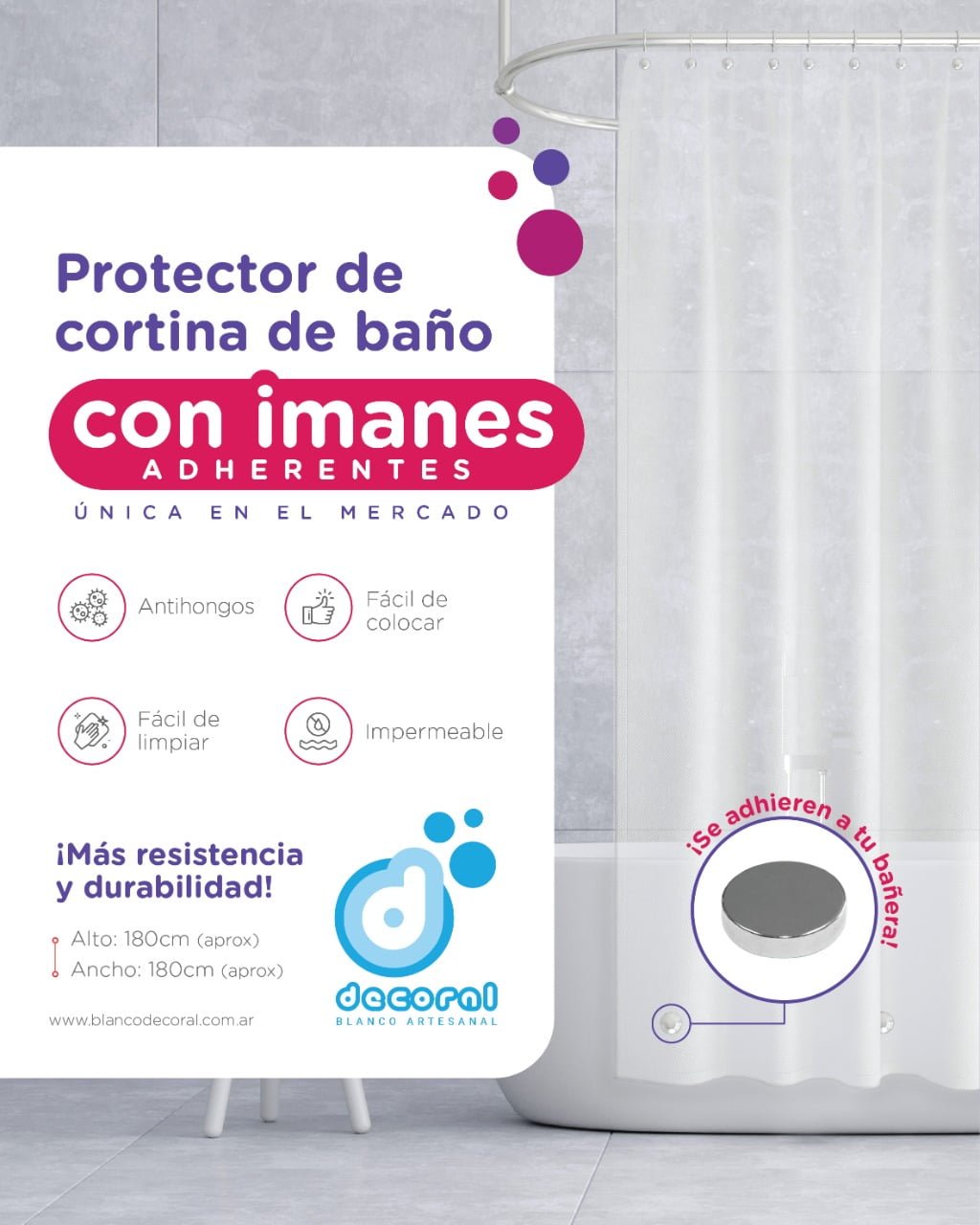 Protector Cortina de Baño 3 Imanes - Temacasa